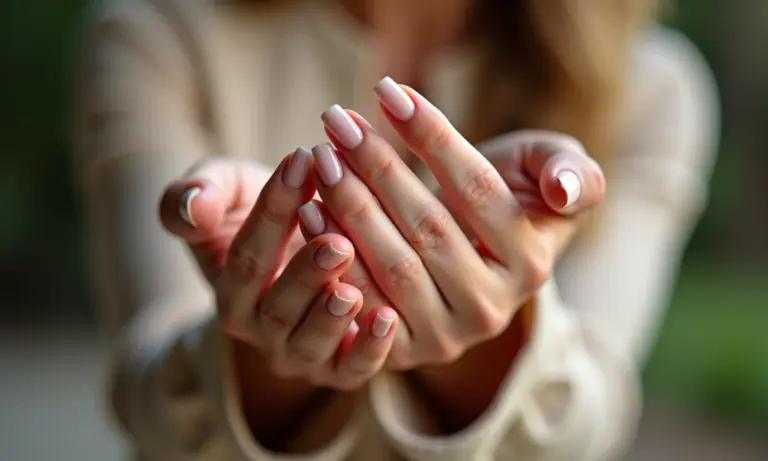 Unhas de gel simples e delicadas em mãos femininas, estilo brasileiro.
