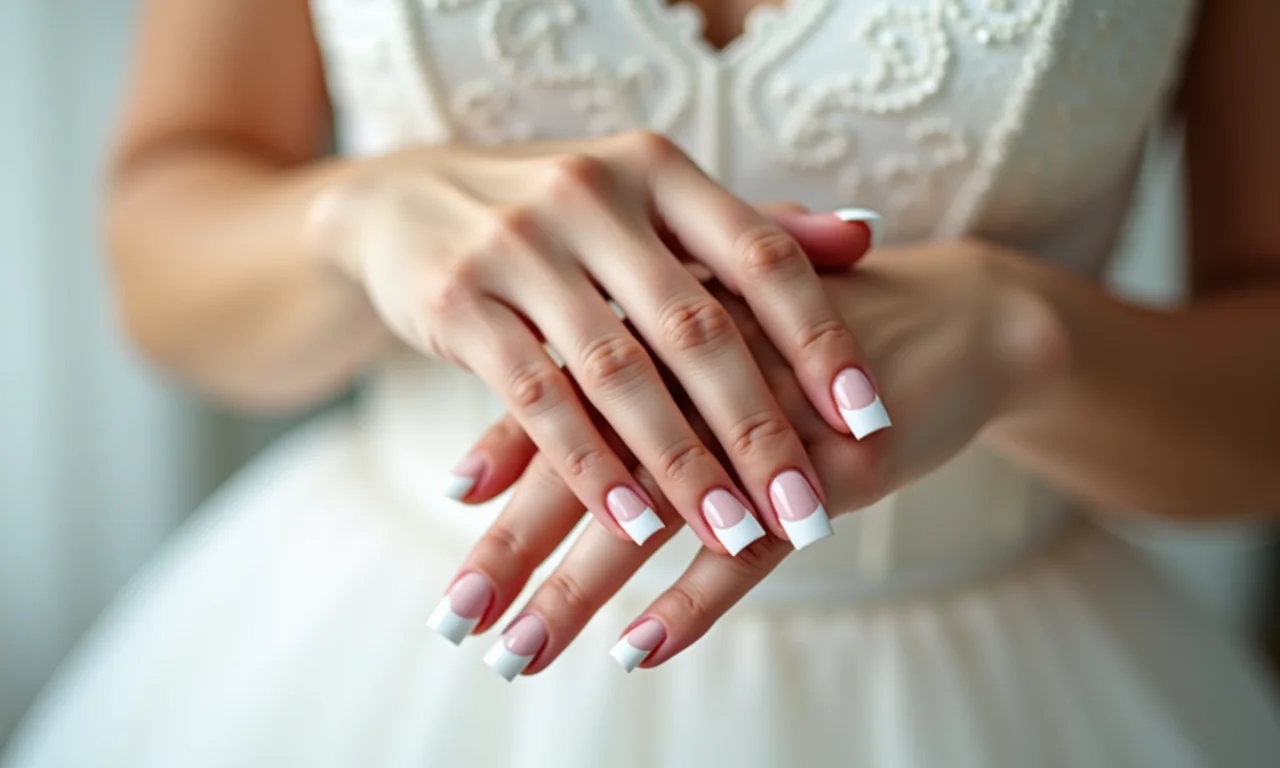 Unhas de noiva com francesinha clássica, elegante e atemporal.