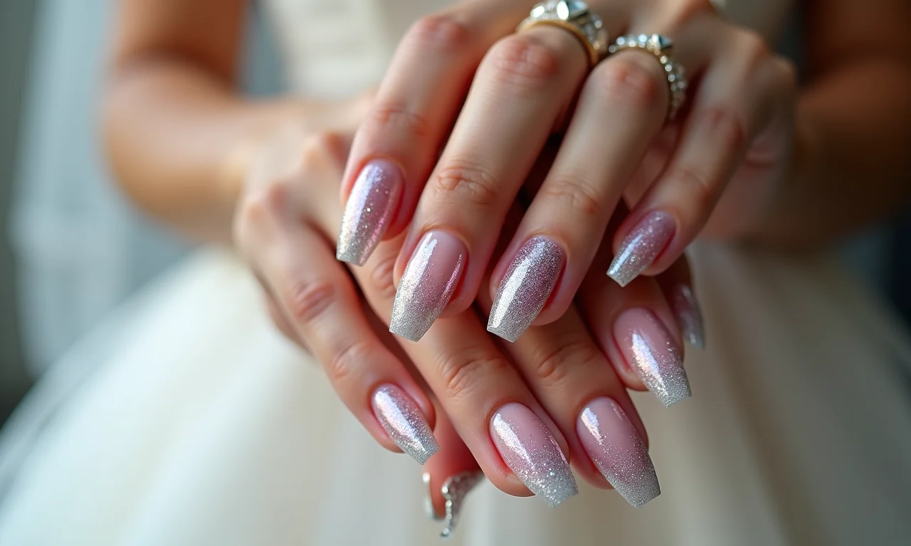 Unhas de noiva com glitter e brilho, perfeitas para um toque glamouroso.