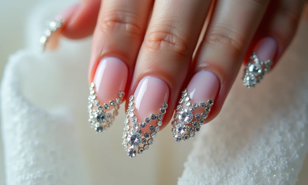 Unhas de noiva com pedrarias e strass, pura sofisticação.