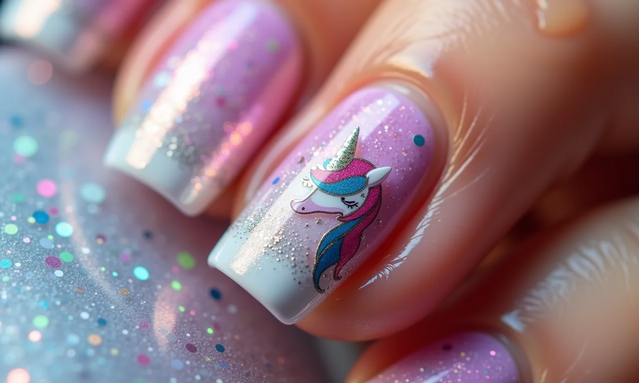 Unhas de unicórnio com glitter e brilho intenso