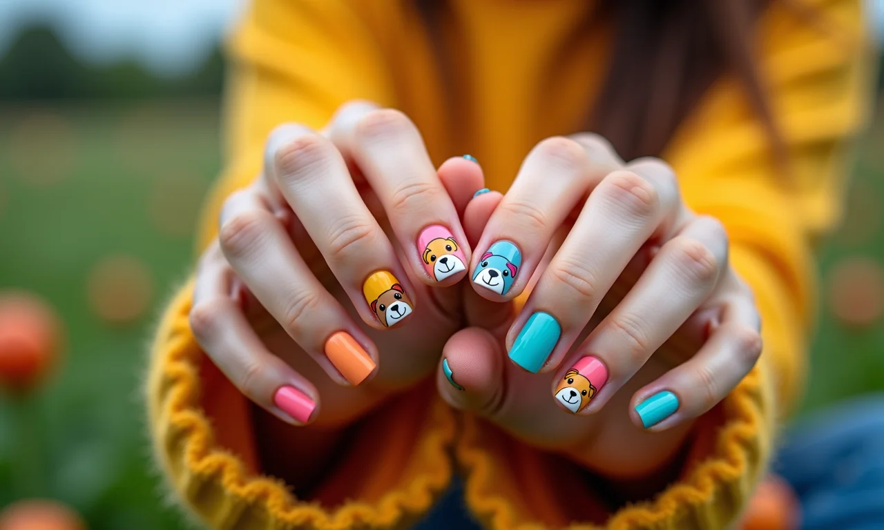 Unhas de ursinho coloridas, design alegre e divertido.