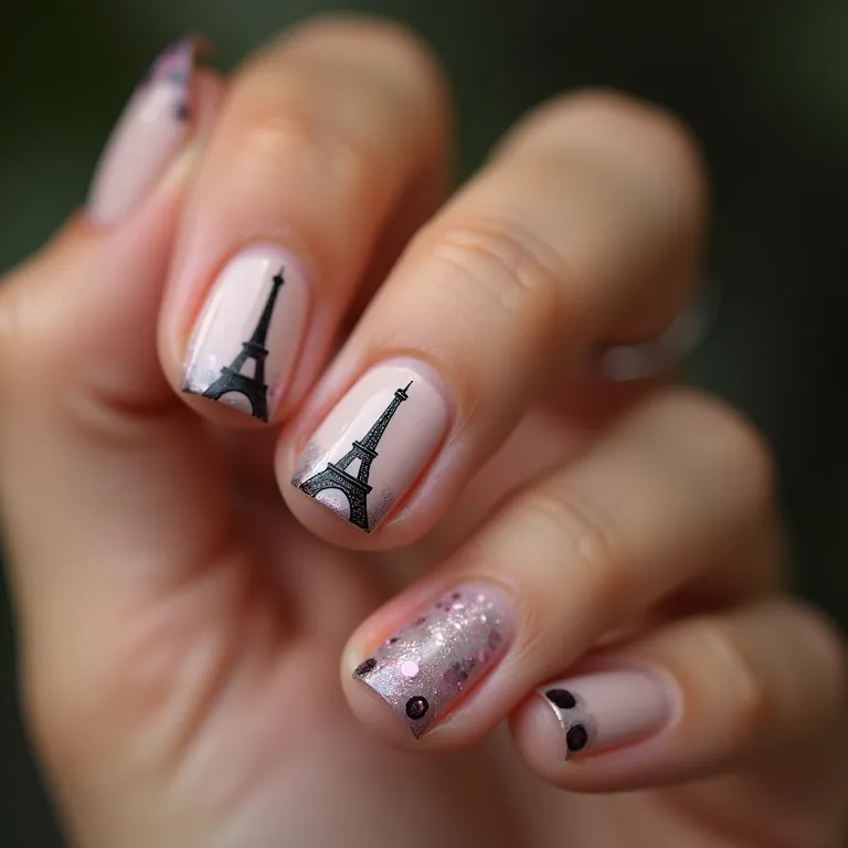 Unhas decoradas com a Torre Eiffel: charme francês nas unhas.
