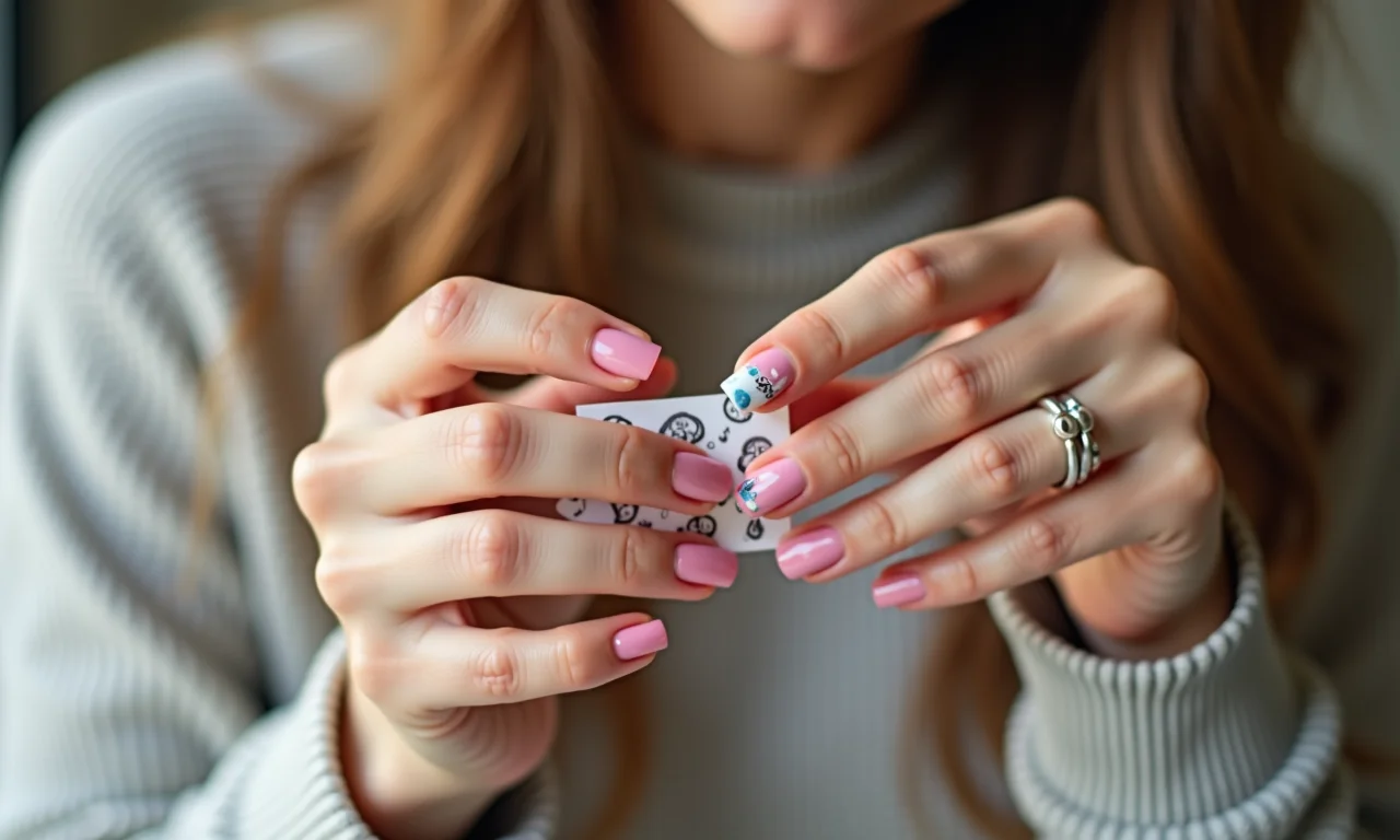 Unhas decoradas com adesivos e aplicações fáceis.