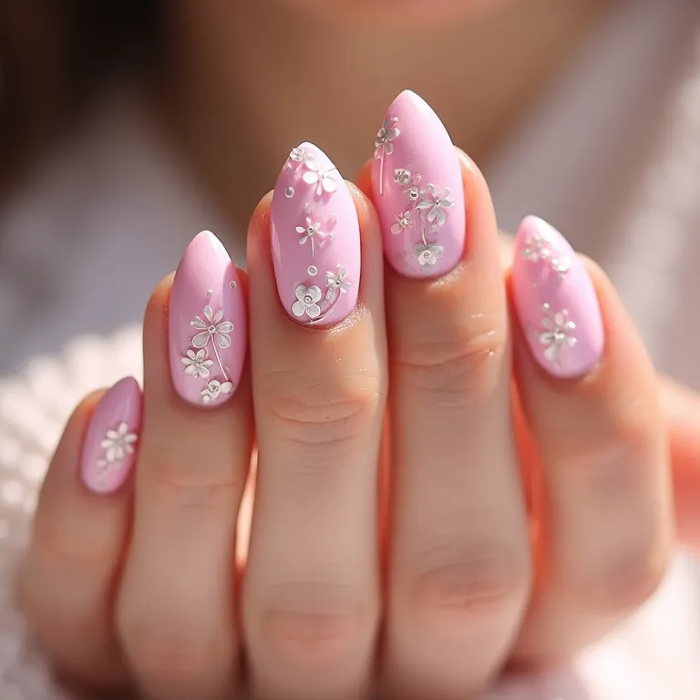 Unhas decoradas com adesivos e apliques delicados, charme extra.