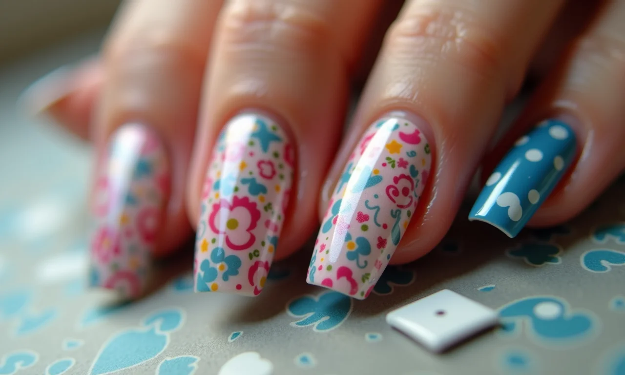 Unhas decoradas com adesivos e películas.