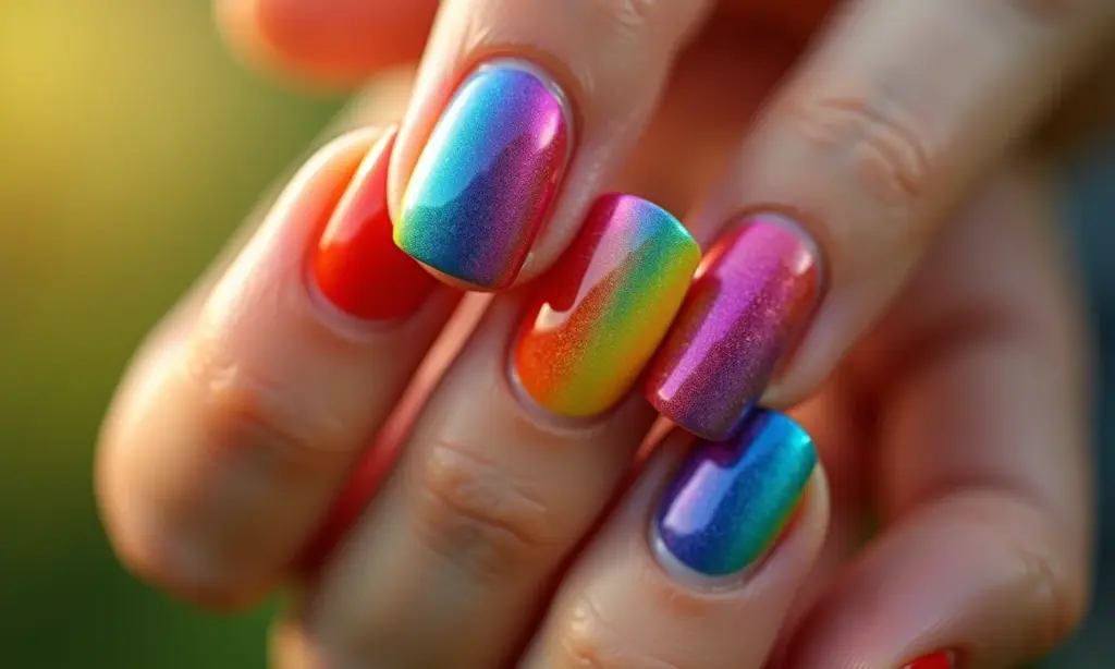 Unhas decoradas com as cores do arco-íris em mãos diversas.