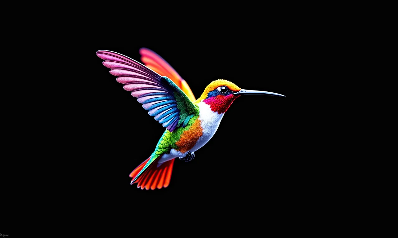 Unhas decoradas com beija-flor colorido em fundo preto.