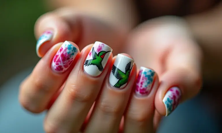 Unhas decoradas com beija-flor, cores vibrantes e detalhes intrincados.