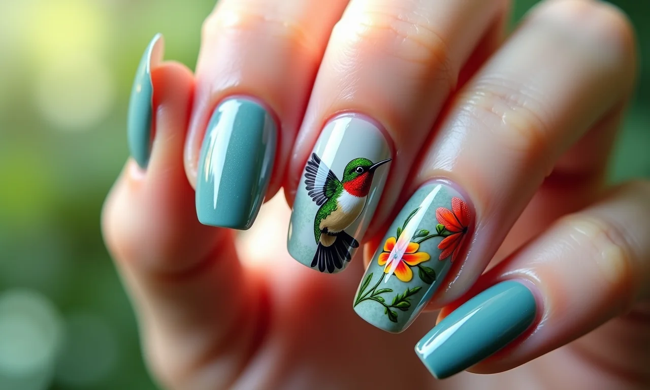 Unhas decoradas com beija-flor e elementos florais.