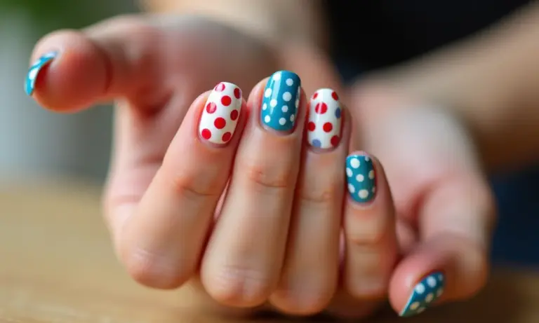Unhas decoradas com bolinhas coloridas em mãos femininas.