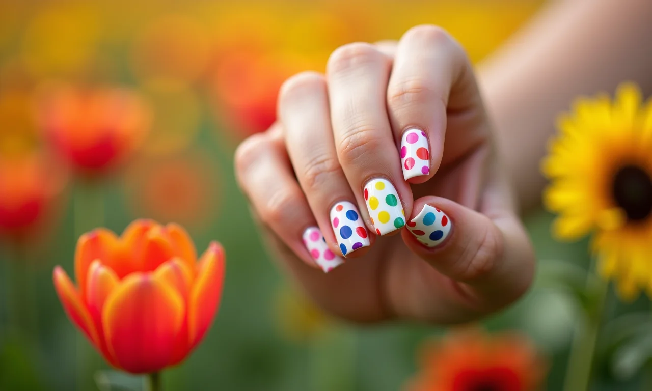 Unhas decoradas com bolinhas (poá).