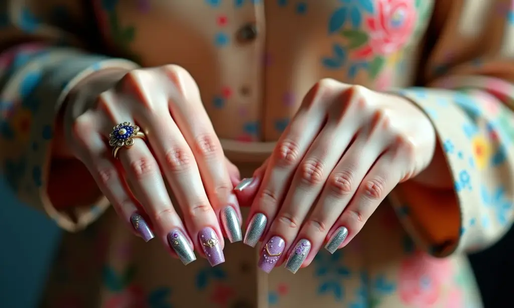 Unhas decoradas com bordado detalhado e cores vibrantes.