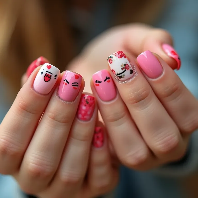 Unhas decoradas com carinhas sorridentes e corações, close-up.