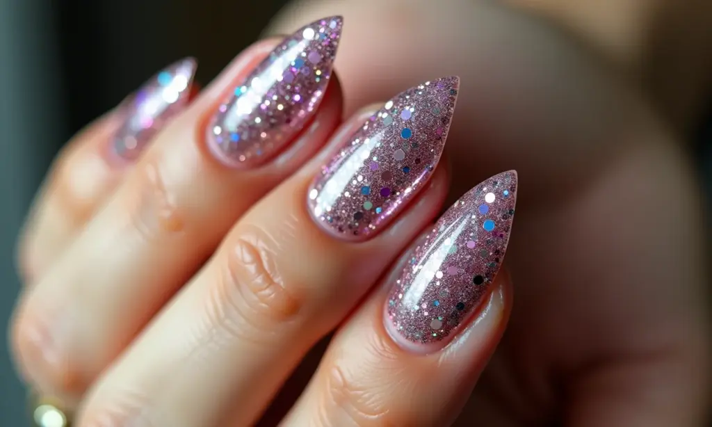 Unhas decoradas com cascata de glitter brilhante.