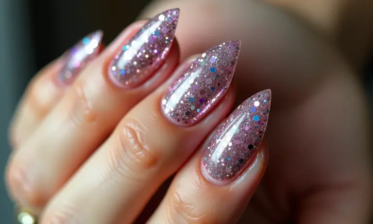 Unhas decoradas com cascata de glitter brilhante.