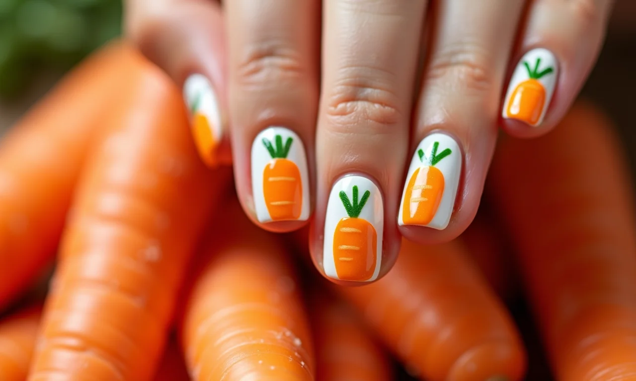 Unhas decoradas com cenourinhas divertidas para a Páscoa.