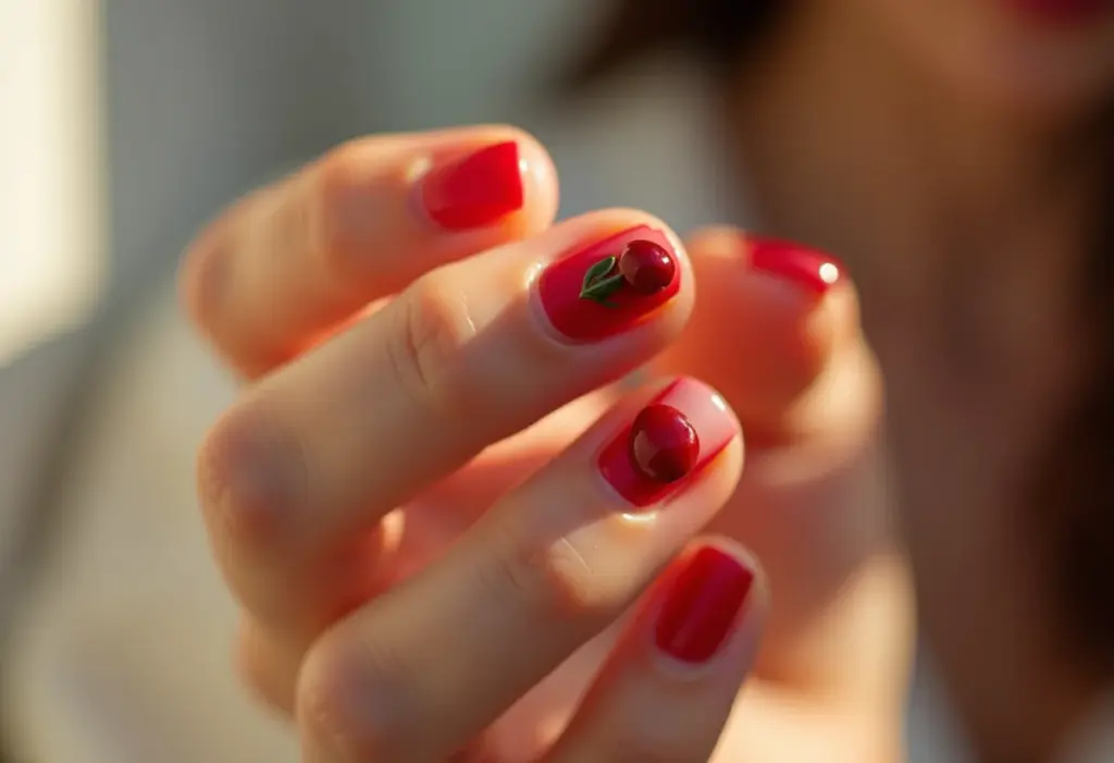 Unhas decoradas com cerejas: close-up delicado
