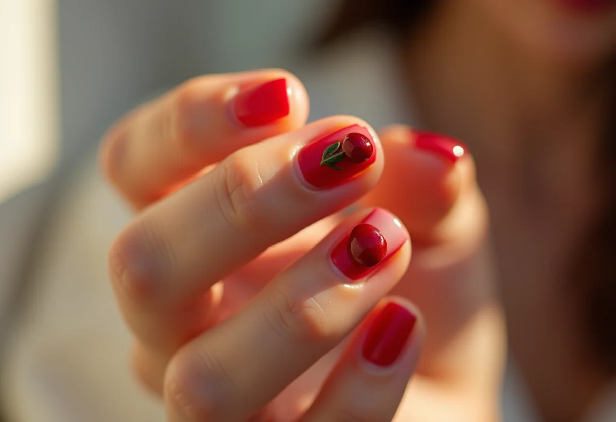 Unhas decoradas com cerejas: close-up delicado