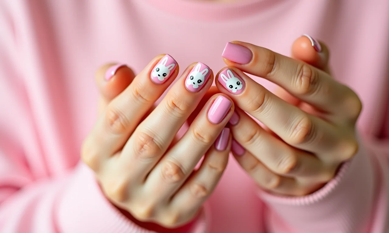 Unhas decoradas com coelhinhos fofos para a Páscoa.