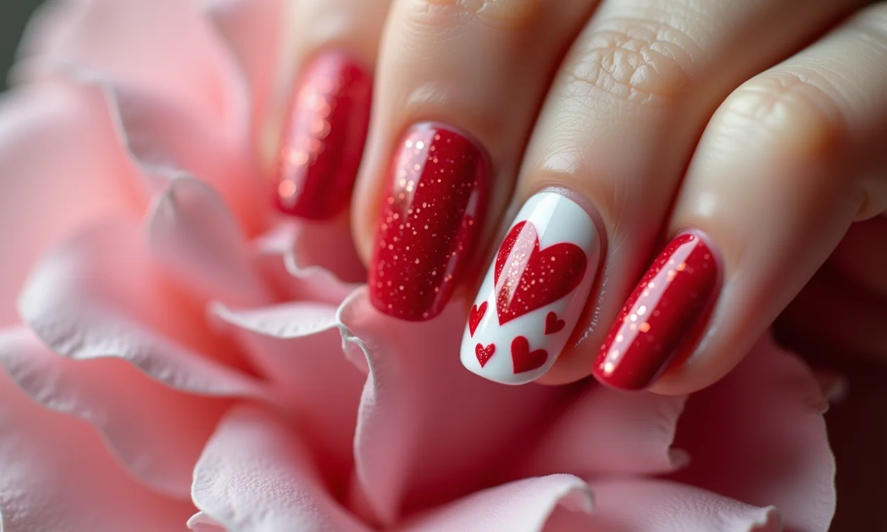 Unhas decoradas com corações apaixonados.