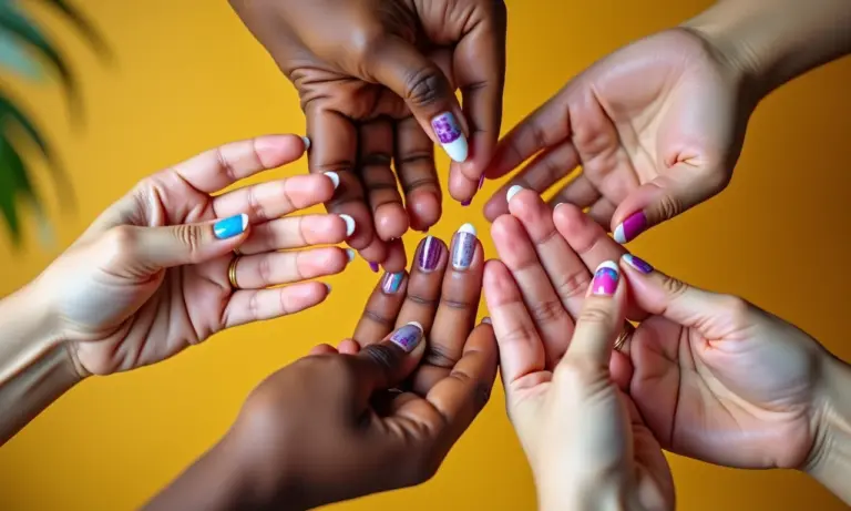 Unhas decoradas com desenhos de sorrisos e cores vibrantes