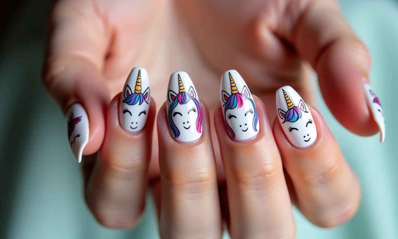Unhas decoradas com desenhos de unicórnios