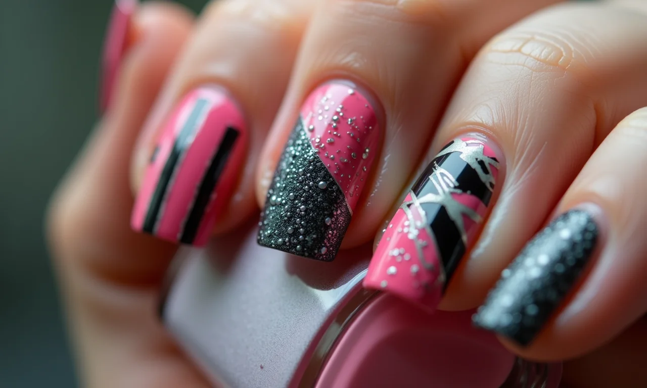 Unhas decoradas com desenhos geométricos estilosos.