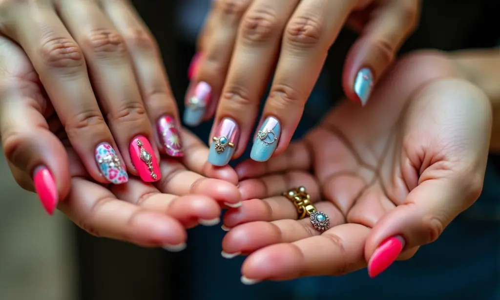 Unhas decoradas com diversos designs e cores vibrantes, estilo brasileiro.