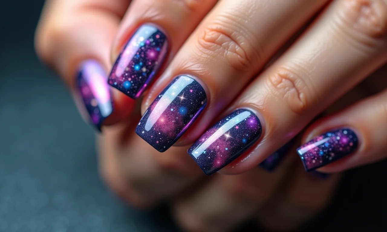 Unhas decoradas com efeito galáxia brilhante e cósmico.