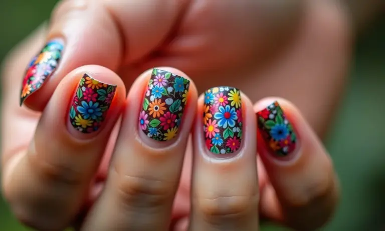 Unhas decoradas com estilo espanhol vibrante e detalhado.