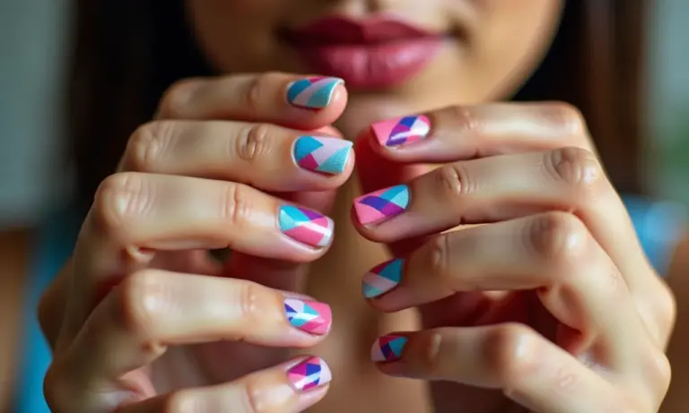 Unhas decoradas com fita adesiva em estilo geométrico vibrante.