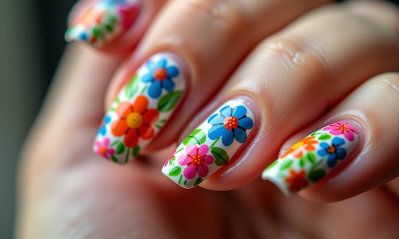 Unhas decoradas com flores coloridas no estilo espanhol.