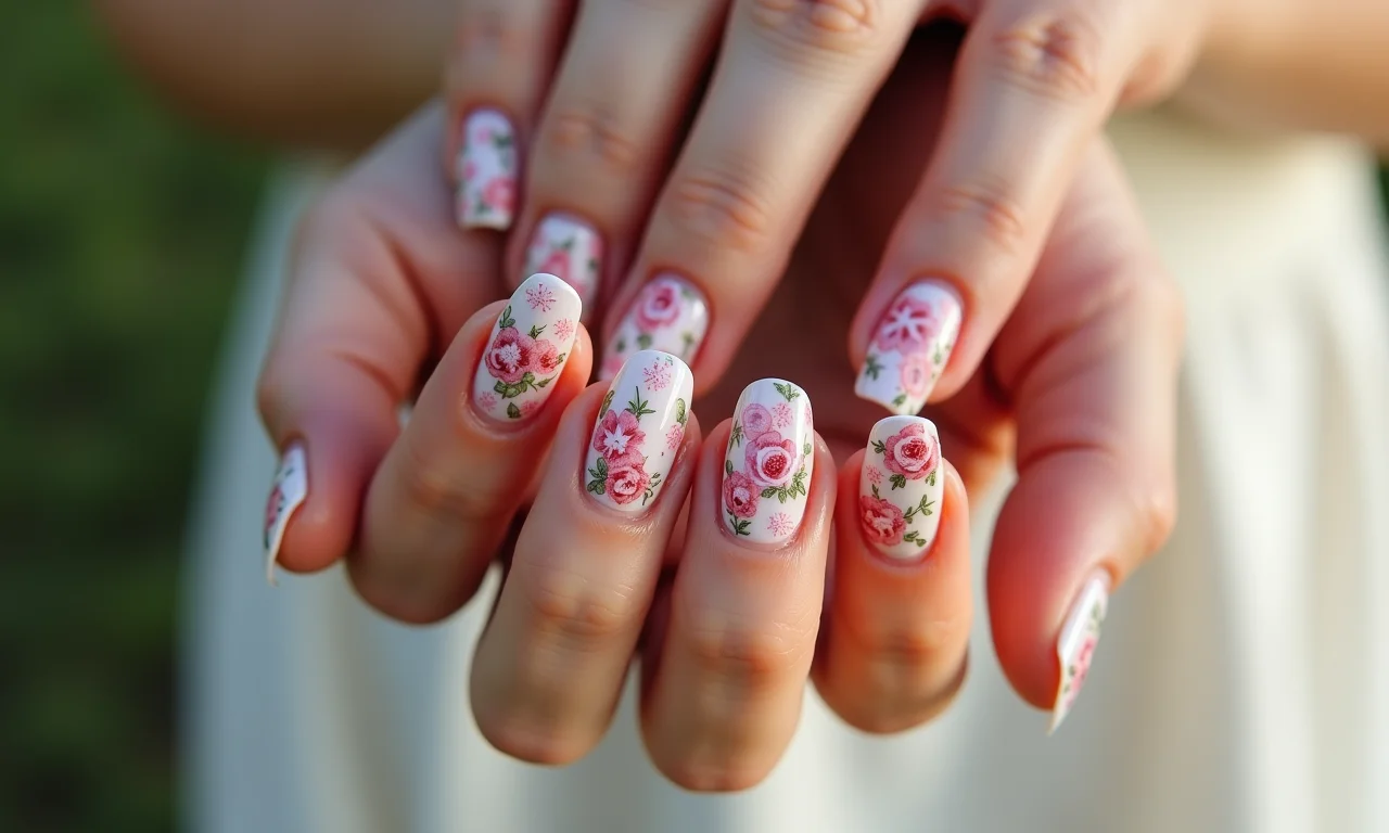 Unhas decoradas com flores delicadas e românticas.