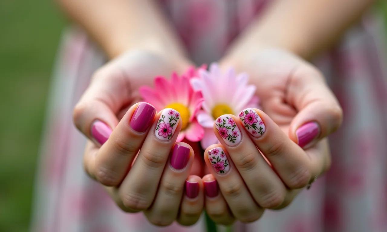 Unhas decoradas com flores delicadas e românticas.