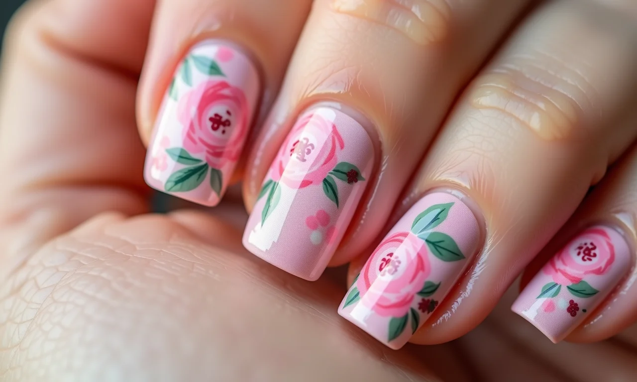 Unhas decoradas com flores delicadas e tinta de tecido.