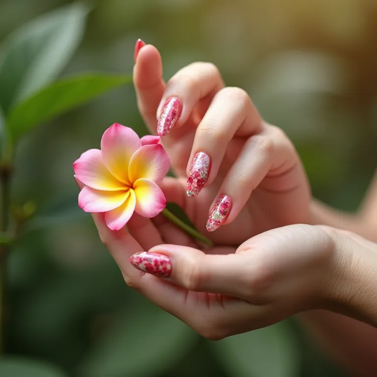 Unhas decoradas com flores delicadas em mãos femininas.