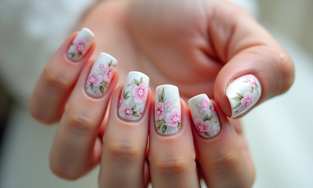 Unhas decoradas com flores delicadas, ideal para noivas românticas.