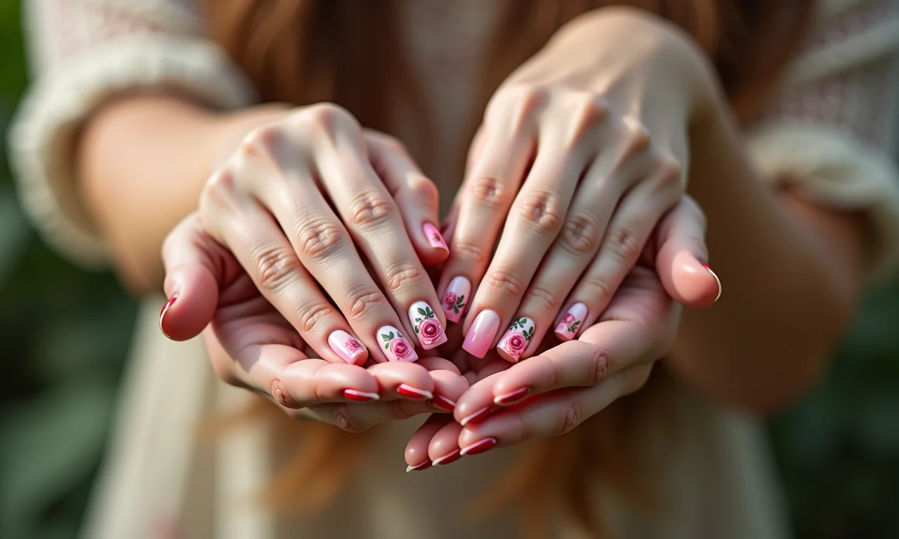 Unhas decoradas com flores delicadas, transmitindo romantismo e feminilidade.