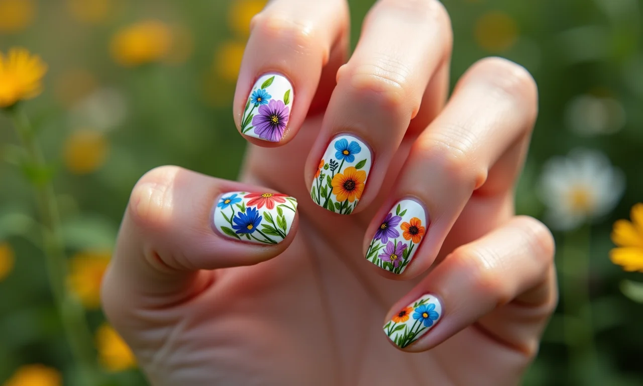 Unhas decoradas com flores silvestres e cores vibrantes.