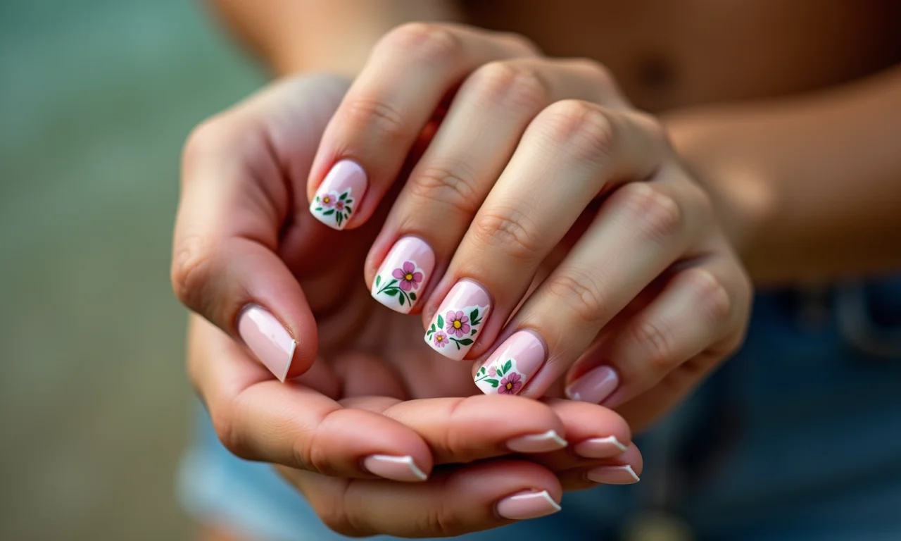 Unhas decoradas com florzinhas simples.