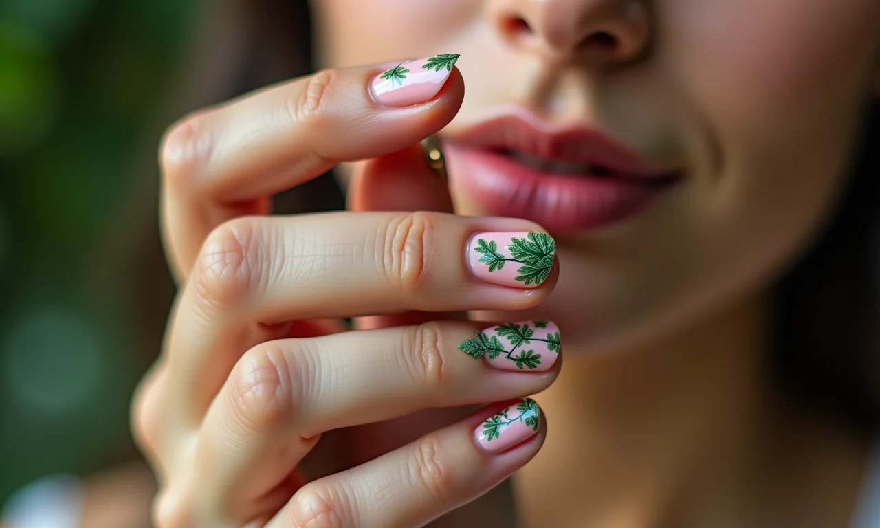 Unhas decoradas com folhas verdes delicadas, design minimalista.