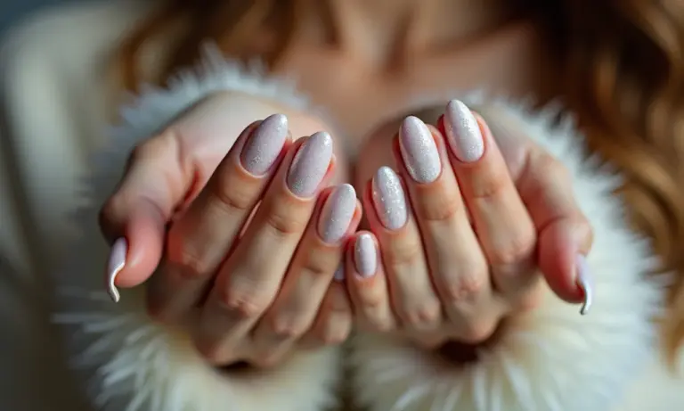 Unhas decoradas com glitter branco, manicure elegante.