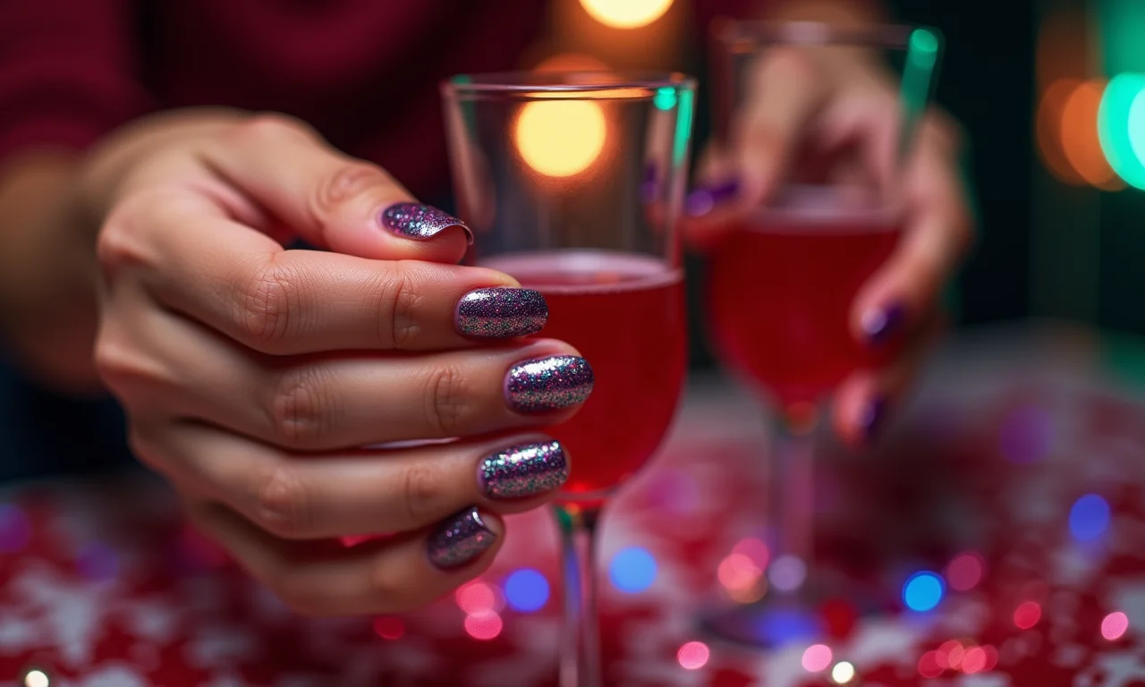 Unhas decoradas com glitter e adesivo para festas e eventos.