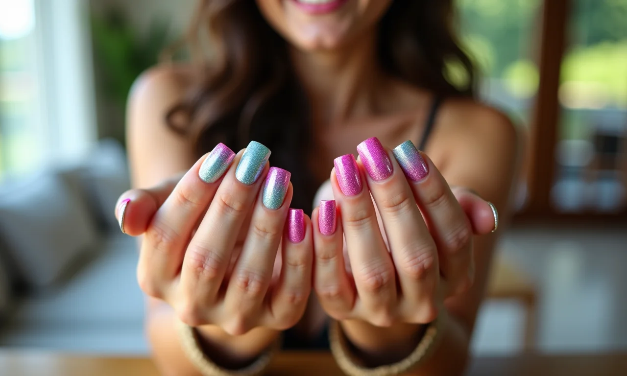 Unhas decoradas com glitter e adesivo: uma escolha moderna e estilosa.