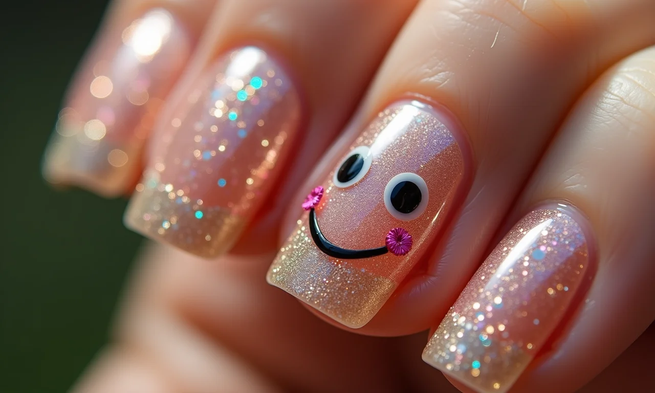 Unhas decoradas com glitter e sorriso brilhante