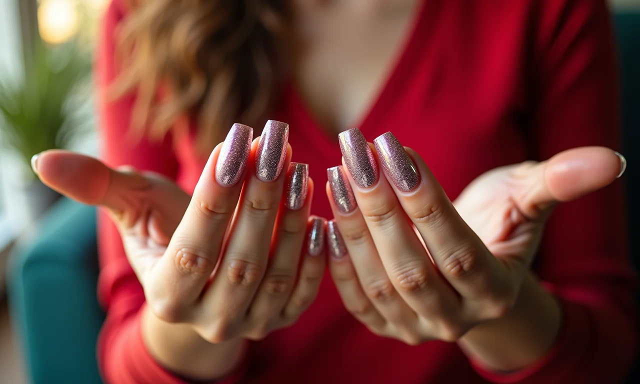Unhas decoradas com glitter furta-cor para o Natal.