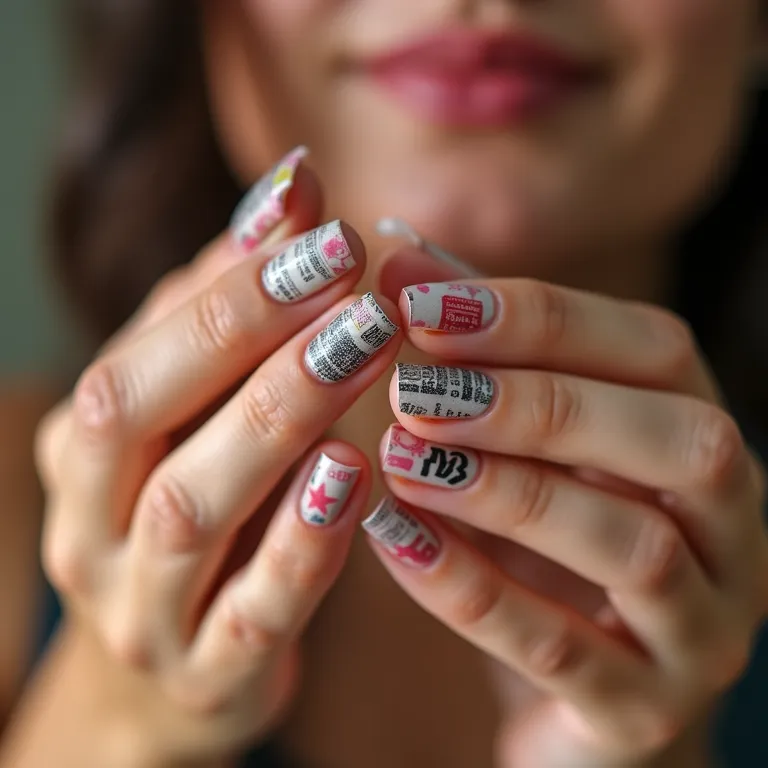 Unhas decoradas com jornal em close-up, estilo retrô e cores vibrantes.