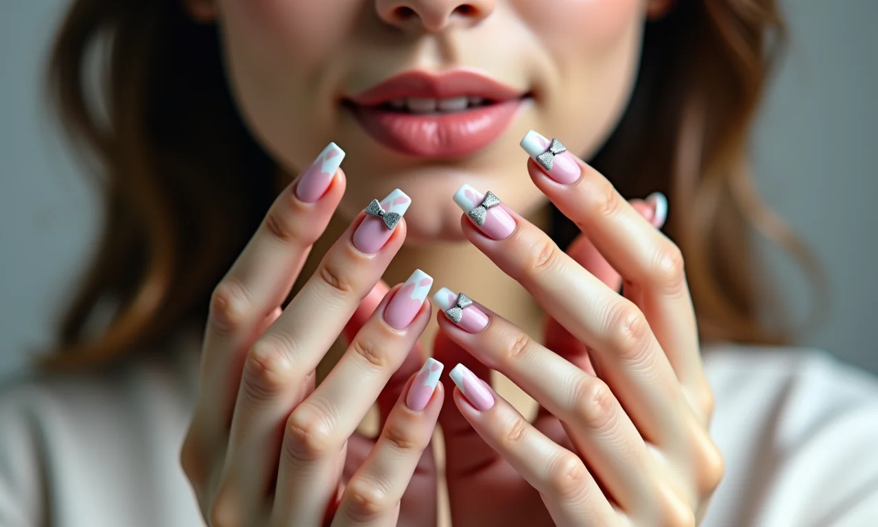 Unhas decoradas com lacinhos 3D, adicionando um toque sofisticado ao visual.