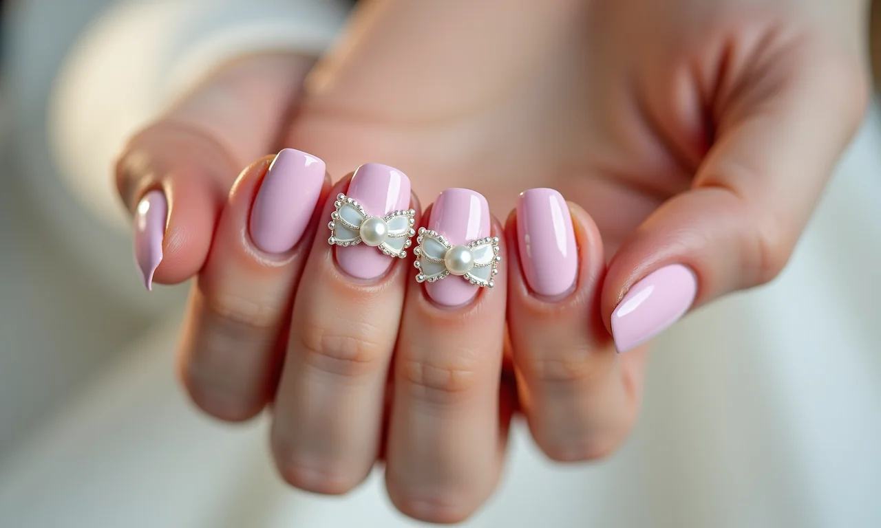 Unhas decoradas com lacinhos e pérolas, expressando puro romantismo.